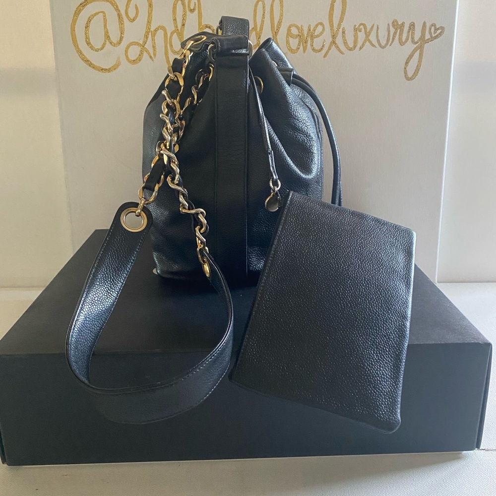 Authentic CHANEL CAVIAR BLACK BUCKET DRAWSTRING BAG WITH POUCH & DUST BAG